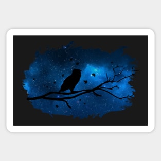 Owl on a tree and galaxy sky (blue) slhouette - Birds lover - Animals lover - Vegan Sticker